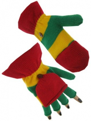 Vingerloze handschoen rood geel groen met kapje, rood geel groen