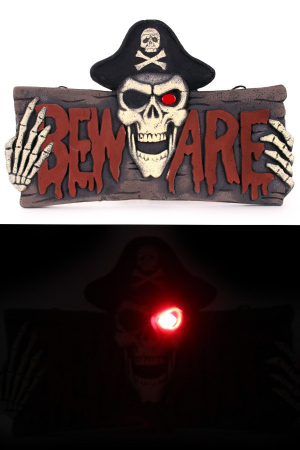 Bord BEWARE met piraat skelet met licht