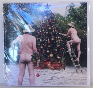 Kerstkaart - Christmas Tree with naked Couple - Text inside: Merry Christmas and a Happy New Year