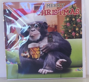 Kerstkaart - Christmas Monkey - Text inside: Merry Christmas and a Happy New Year