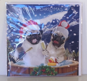 Kerstkaart - Pugs - Tekst binnenkant: Merry Christmas an a Happy New Year