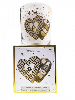 Giftbox - With Love - tekst glas: Jij betekent heel veel voor mij - Jar Candle - Vanilla - Een heerlijke zachte vanille geur - Brandtijd: +/- 45 uur Formaat kaars : 72x80 mm - Formaat box: 80x90mm
