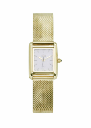 Horloge uit de Grace-serie - Gold/White - Kast 22x29,5x8 mm, Goudkleurig, witte wijzerplaat. 3 ATM waterdicht, kras vast mineraal glas, RVS mesch band, 2 jaar garantie op japans quarts uurwerk