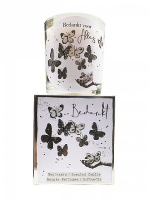 Giftbox - Bedankt - tekst glas: Bedankt voor alles - Jar Candle - Vanilla - Een heerlijke zachte vanille geur - Brandtijd: +/- 45 uur Formaat kaars : 72x80 mm - Formaat box: 80x90mm