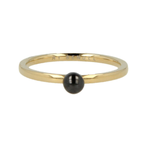 My Bendel - Godina - Goudkleurige edelstalen ring met zwarte keramieke bol. 1,5mm ring met 4mm bol. Blijft mooi, verkleurt niet en hypoallergeen. Maat 17