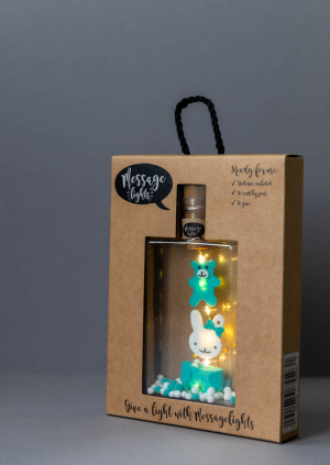 Message Lights -Een Jongen / Baby Boy - Leuk (pet) flesje met 6 ledlampjes, 3 vilten figuurtjes en gouden sterretjes - in leuke verpakking - kan als brievenbuspost verstuurd worden -