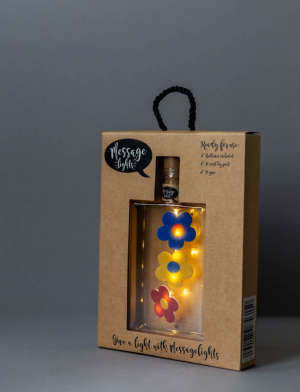Message Lights - Bloemen / Flowers - Leuk (pet) flesje met 6 ledlampjes, 3 vilten figuurtjes en gouden sterretjes - in leuke verpakking - kan als brievenbuspost verstuurd worden -
