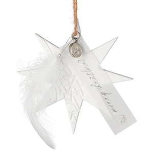Porcelain Ornament - Merry Christmas - Porcelain unglazed, embossed, with feather, transparent paper, natural cord - 8-9cm - Räder - Design Stories,