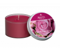 Tin Candle - Damson Rose -Deze geur combineert de fluweelzachte tonen van de majestueuze roos met de vrucht van wilde damast - Brandtijd: +/- 30 uur Formaat: 66 × 42 mm -